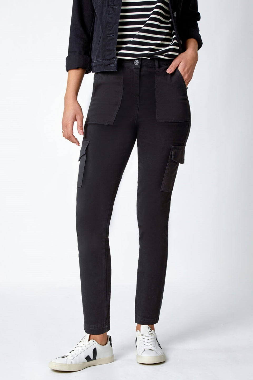Roman Black Cotton Blend Cargo Stretch Jegging