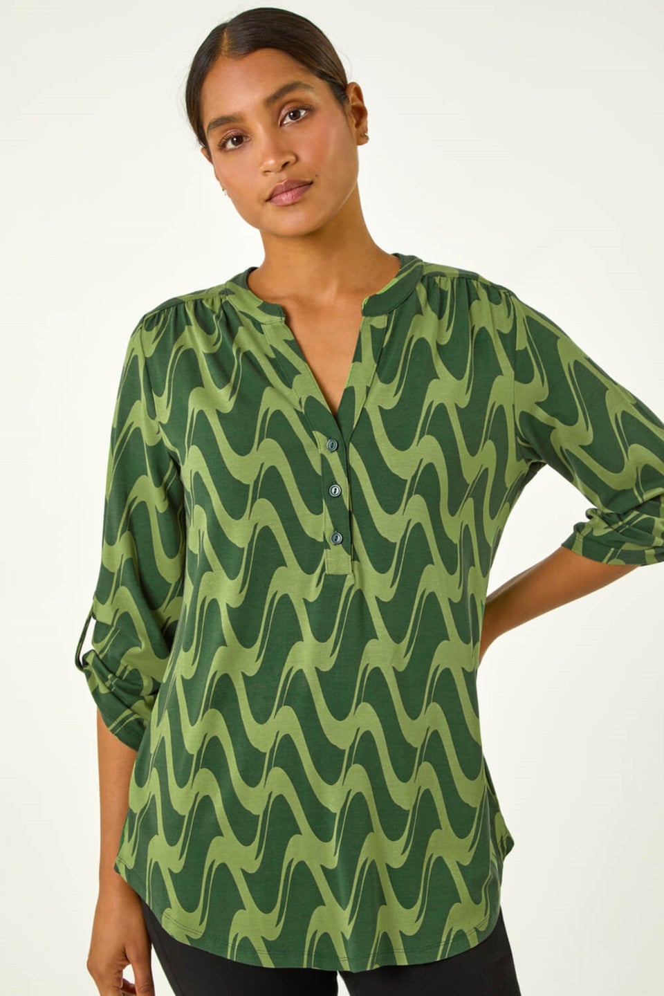 Roman Green Geometric Print Stretch Blouse