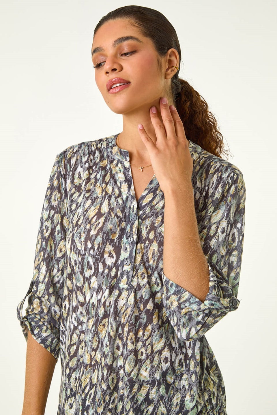 Roman Green Animal Print Stretch Burnout Top