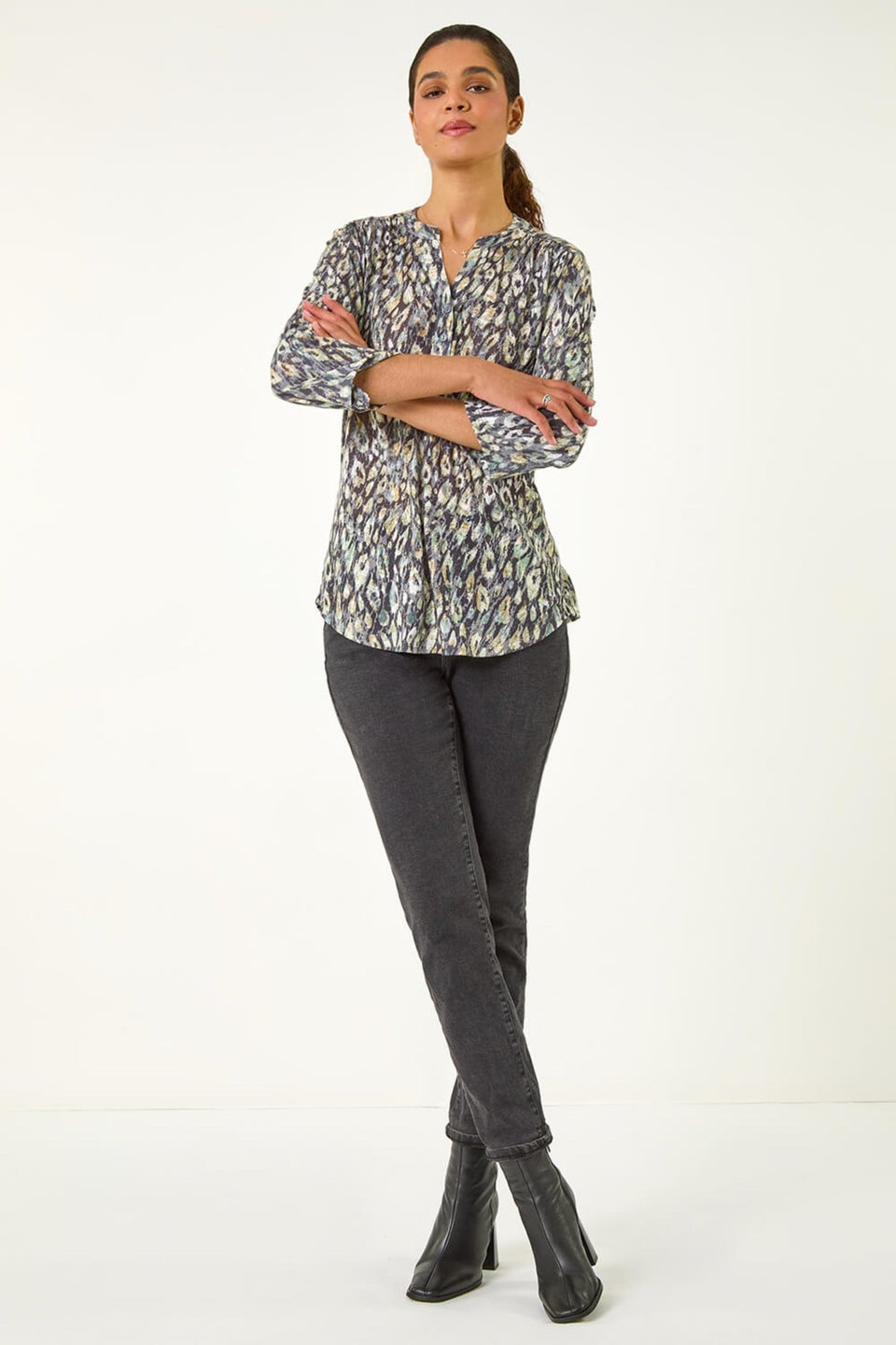 Roman Green Animal Print Stretch Burnout Top