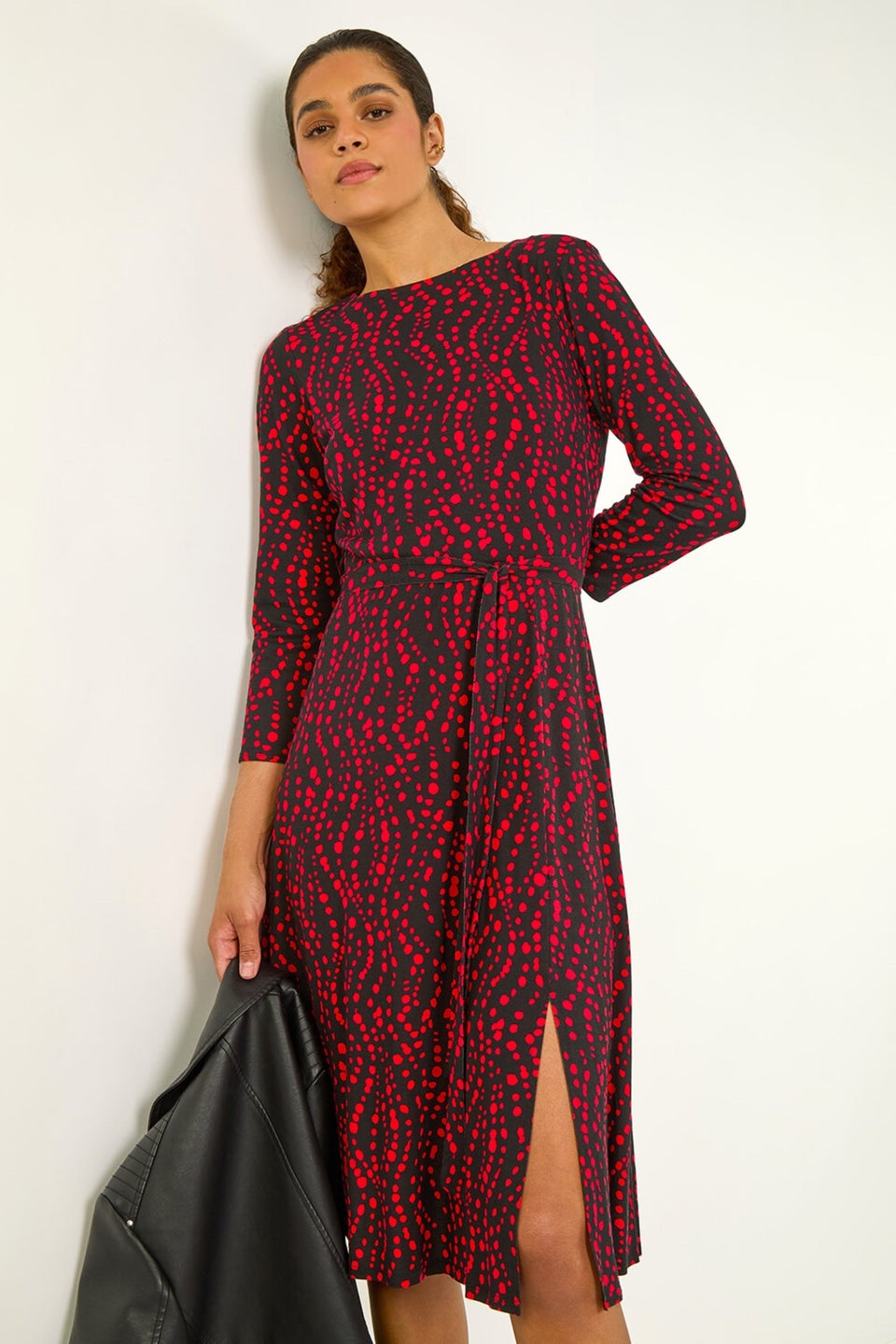 Roman Red Stretch Spot Detail Belted Dress