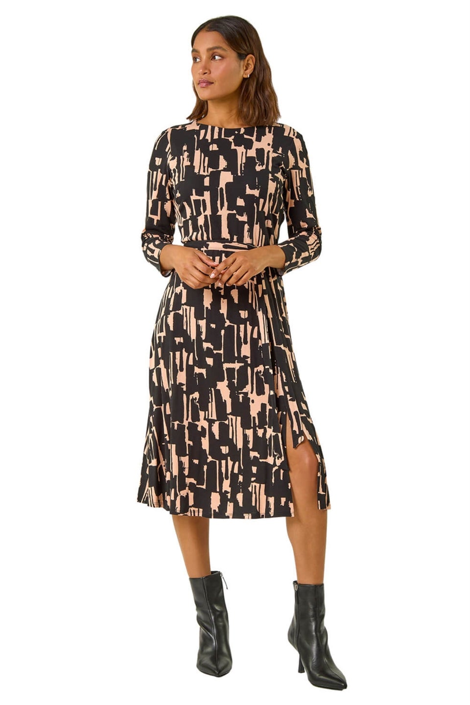 Roman Black Stretch Abstract Belted Dress