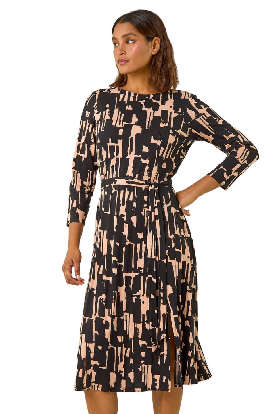 Roman Black Stretch Abstract Belted Dress