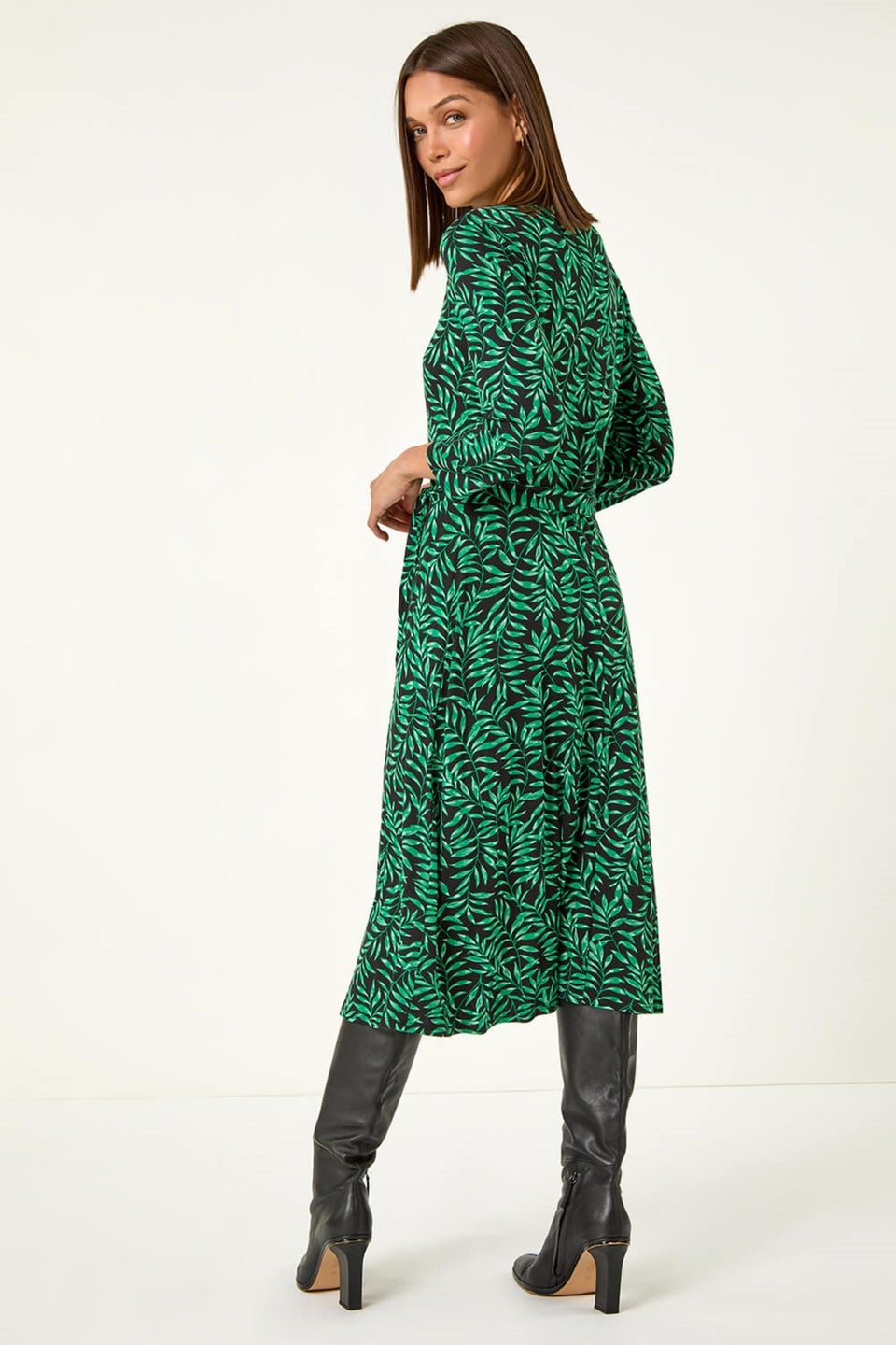 Roman Green Leaf Print Stretch Belted Dress