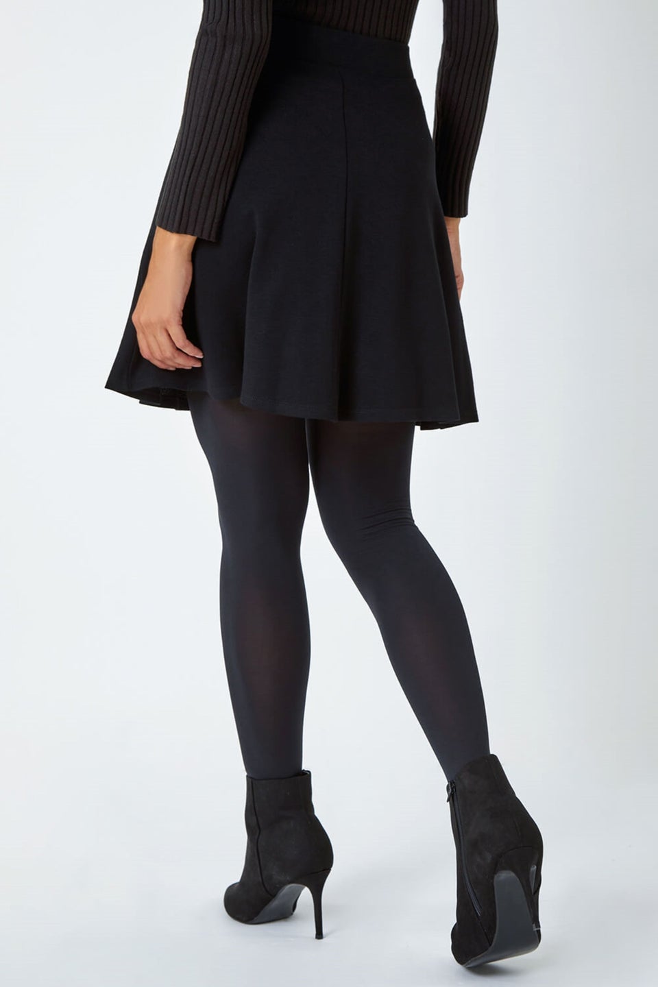 Roman Black Elastic Waist Stretch A Line Skater Skirt