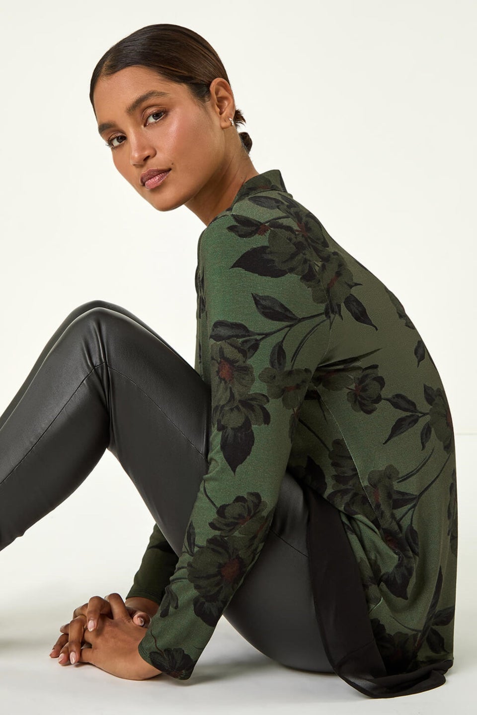 Roman Dark Green Floral Chiffon Hem Blouse