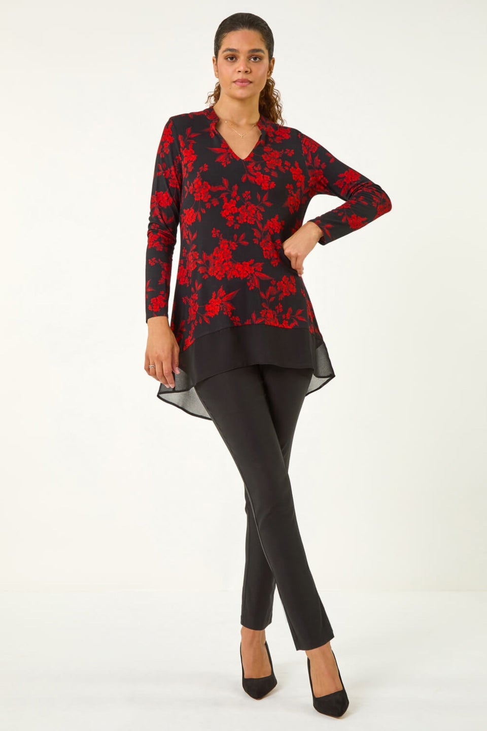 Roman Red Floral Chiffon Hem Blouse