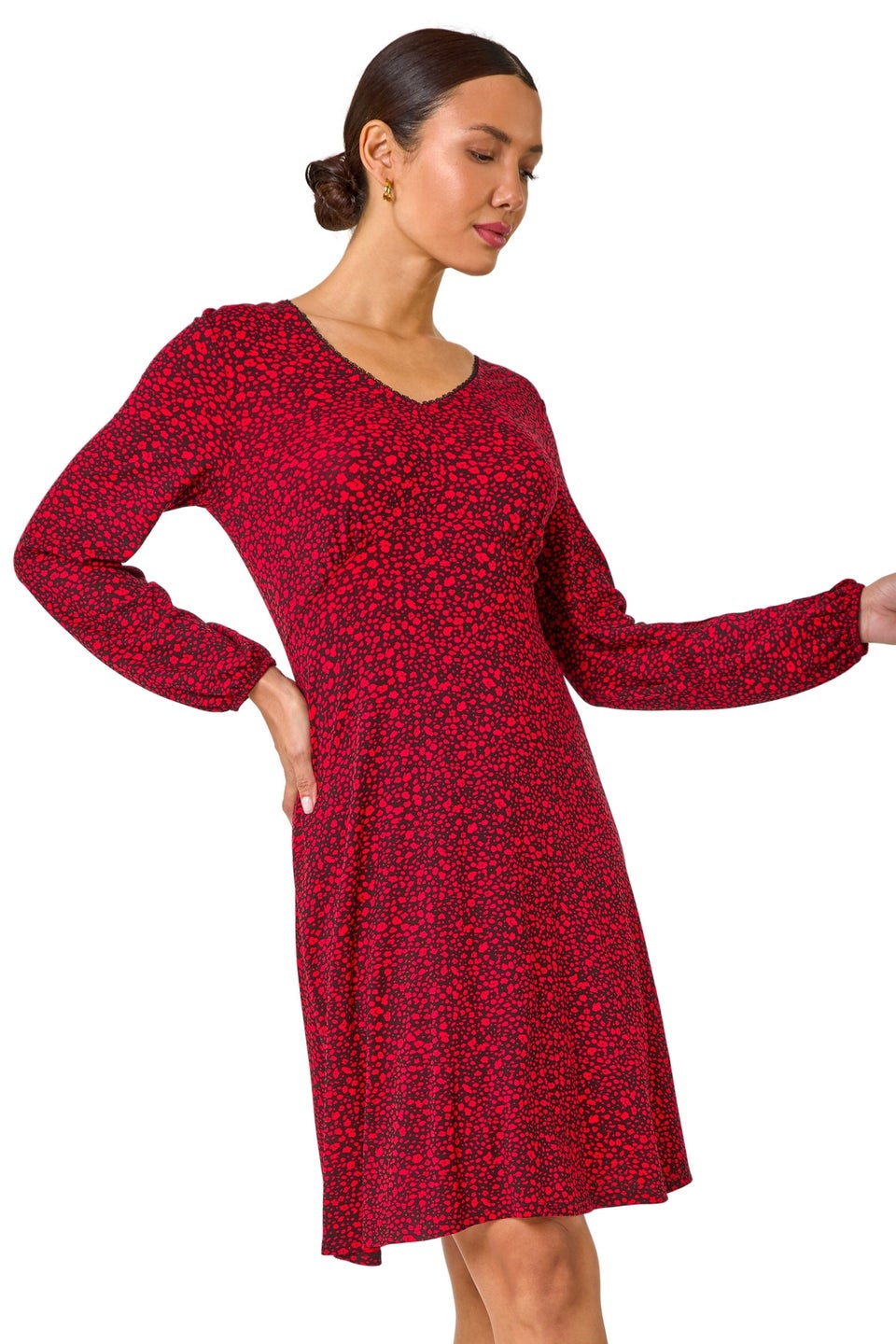 Roman Red Ditsy Floral Print Lace Trim Stretch Dress Matalan