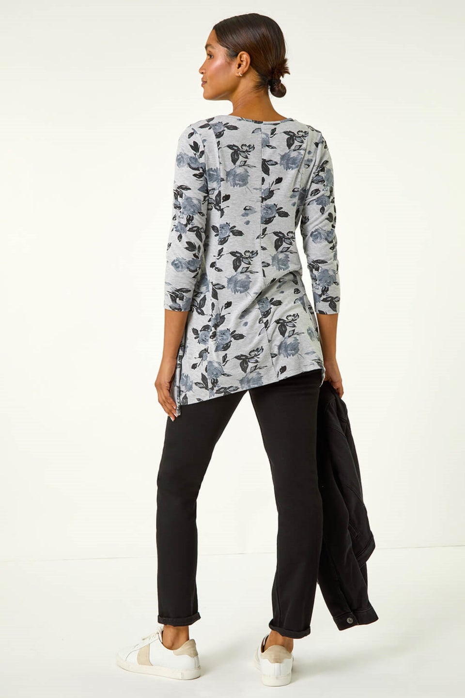 Roman Grey Floral Print Pocket Detail Tunic Stretch Top