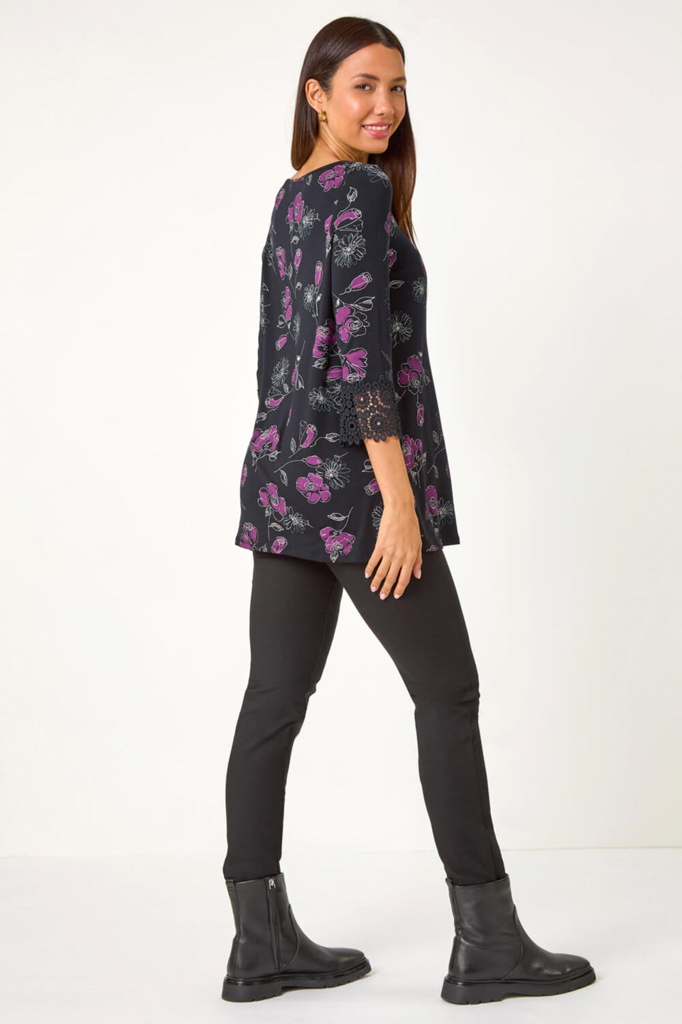 Roman Black Floral Print Lace Detail Stretch Top