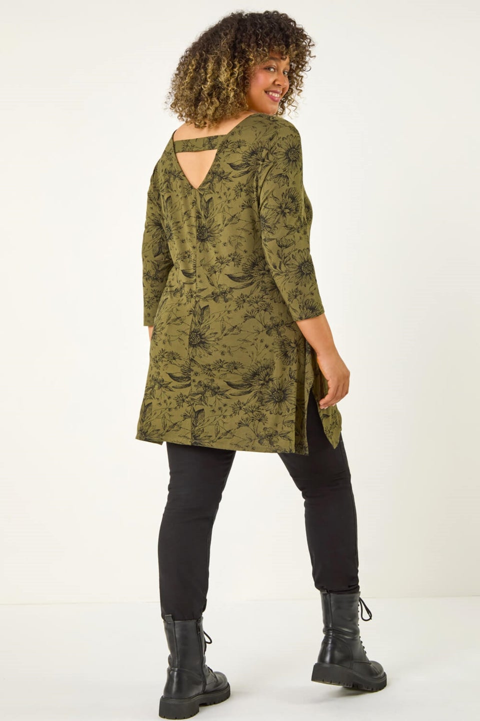 Roman Khaki Curve Floral Bar Back Top