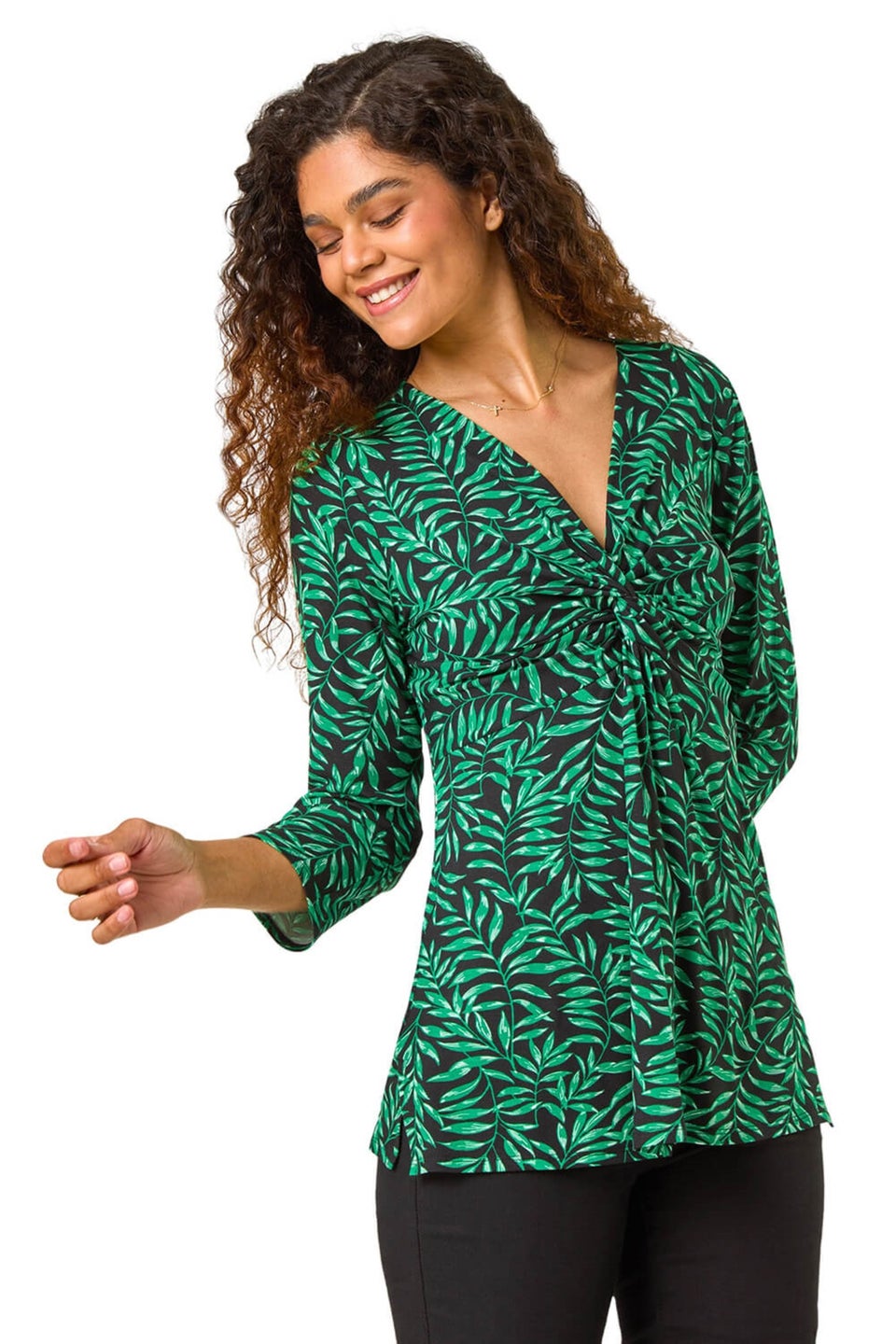 Roman Green Leaf Print V-Neck Twist Front Top