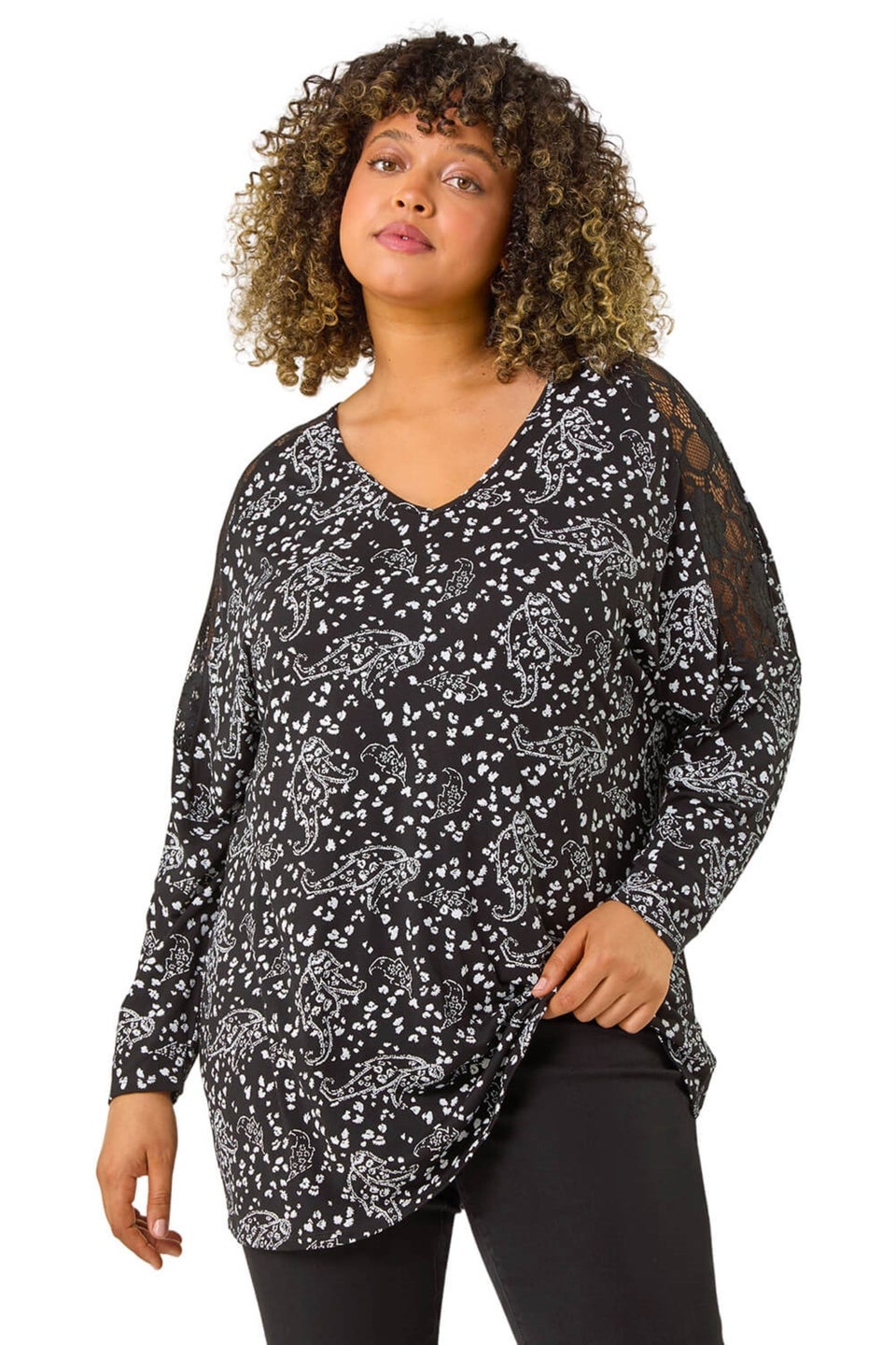 Roman Black Curve Lace Shoulder Paisley Top