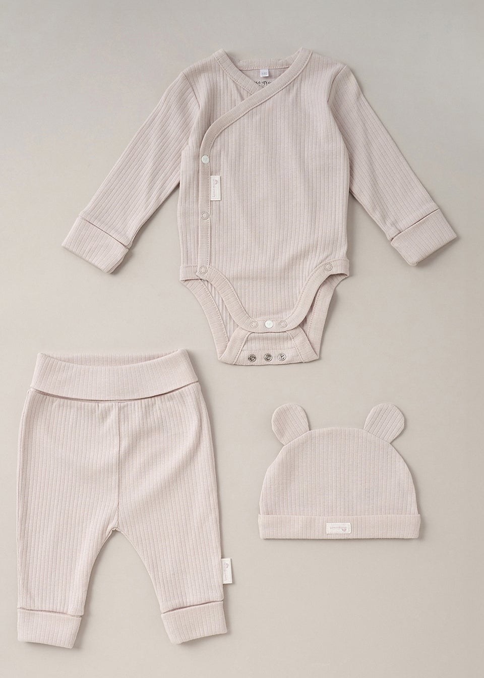 Homegrown Beige  3-Piece Ribbed Bodysuit Joggers and Bear Hat Set