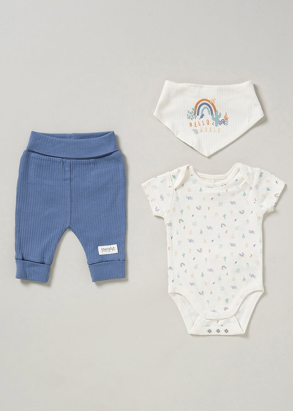 Homegrown Blue Hello World Print 3-Piece Bodysuit, Joggers and Reversible Bib Outfit Set