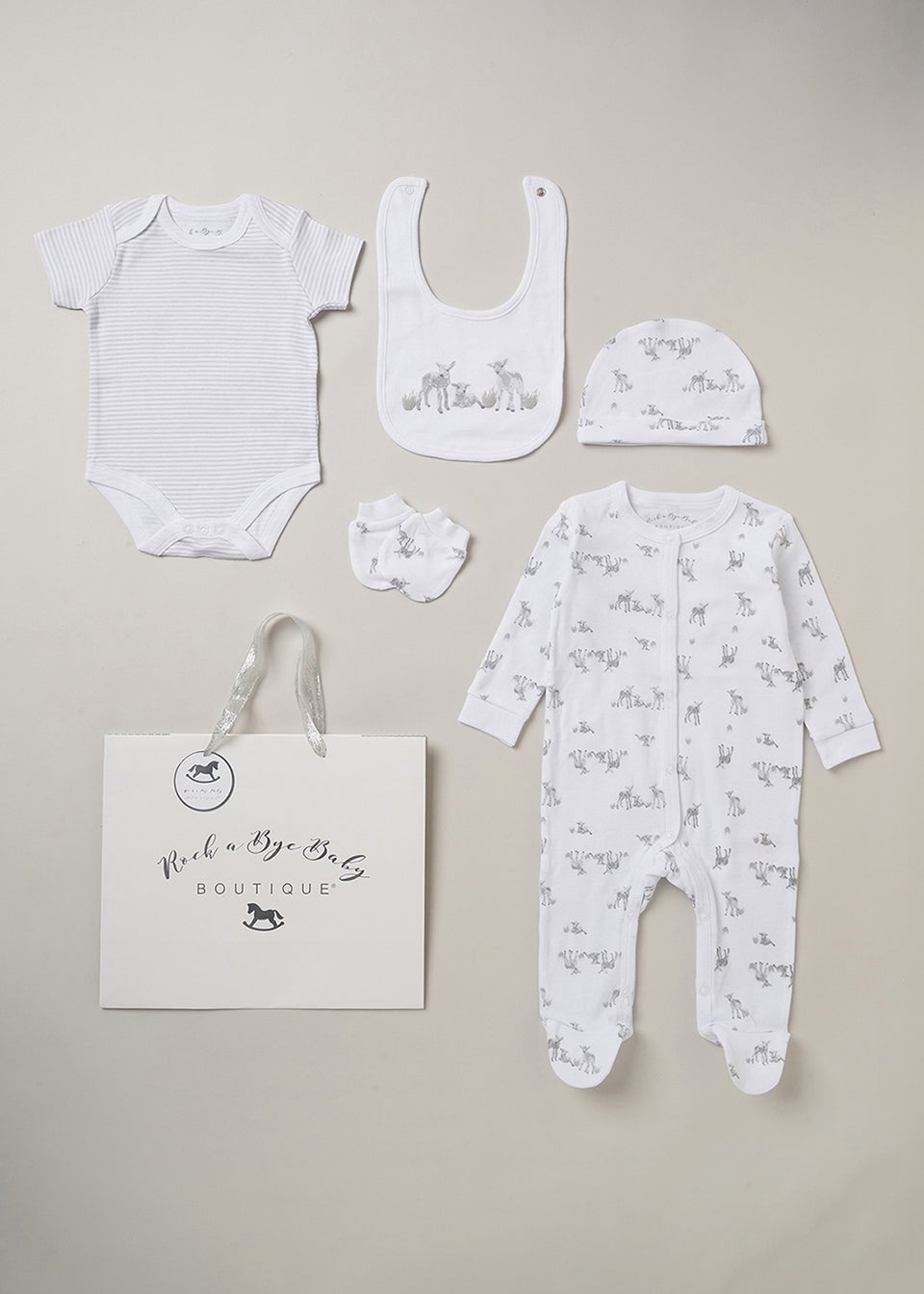 Rock a Bye Baby White Deer Print 5 Piece Hanging Gift Set Matalan