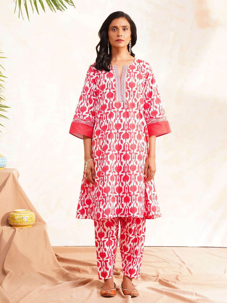 Women Red Cotton Block print Round Neck A line Kurta with salwar - L