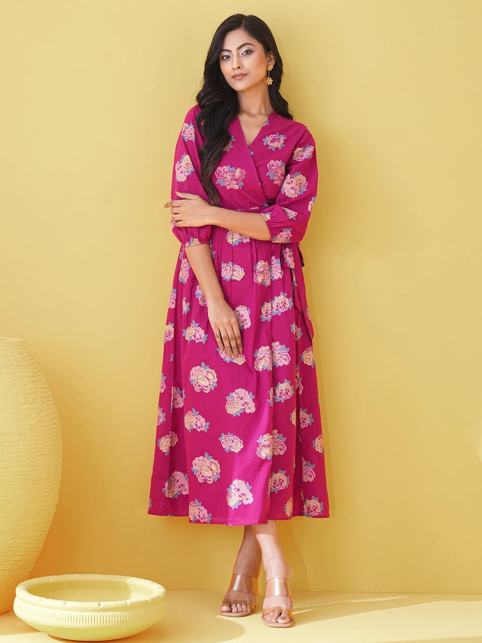 Women Pink Cotton Printed V neck Dress Jaypore US