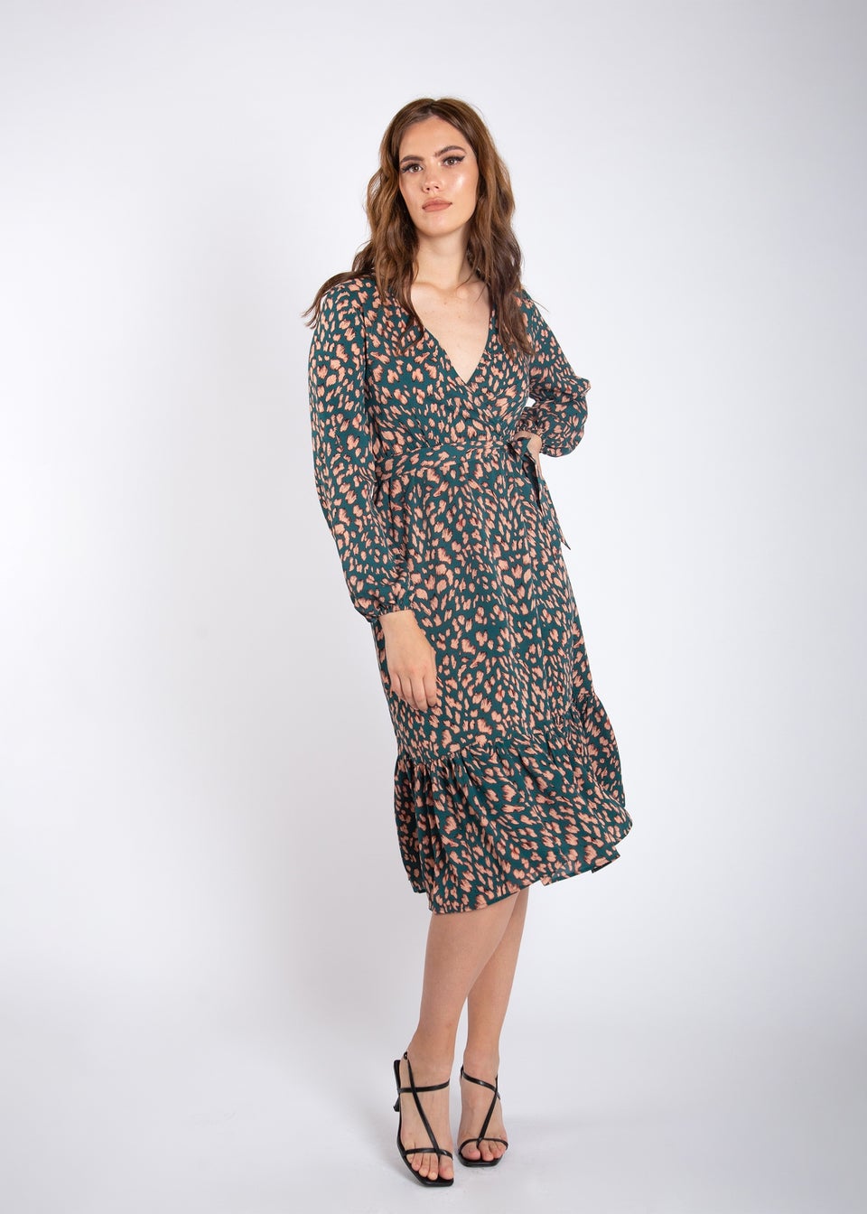 Gini London Green Animal Print Long Sleeve Split Detail Midi Wrap Dress ...