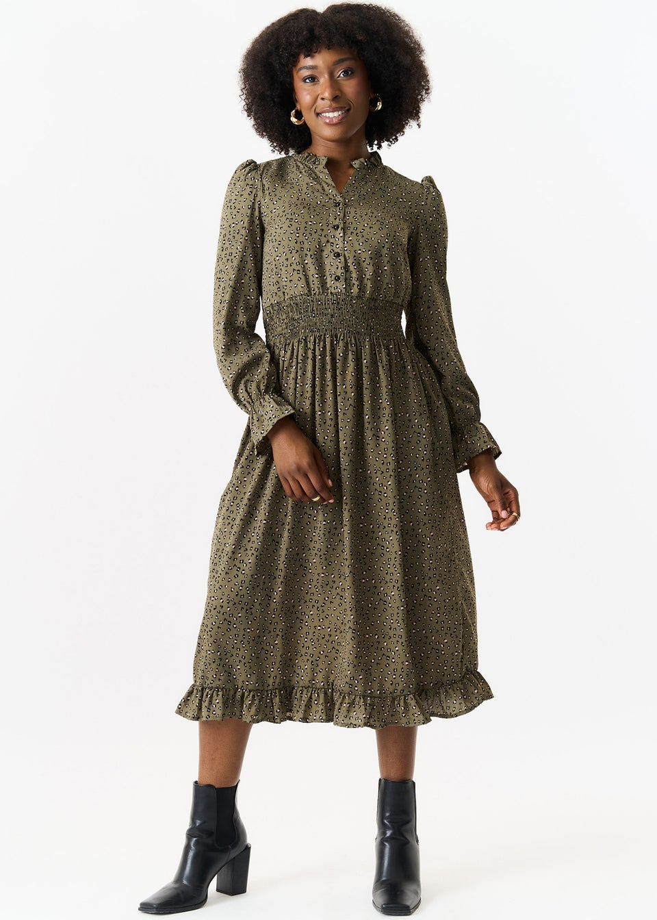 Gini London Khaki Animal Print Gathered Waist Midi Dress Matalan