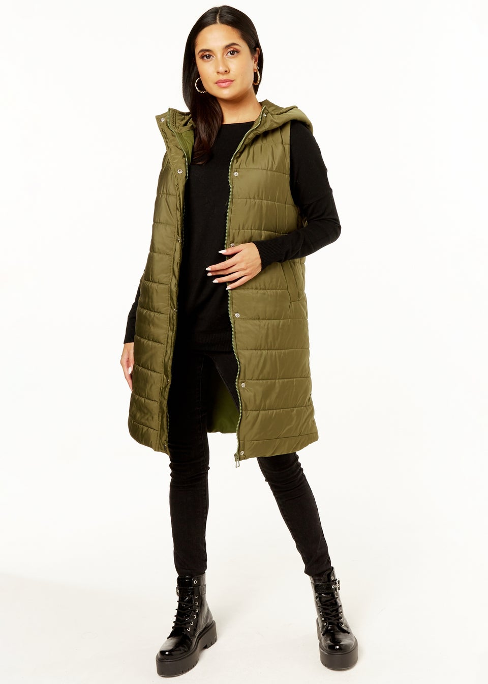 Gini London Khaki Longline Padded Hooded Gilet