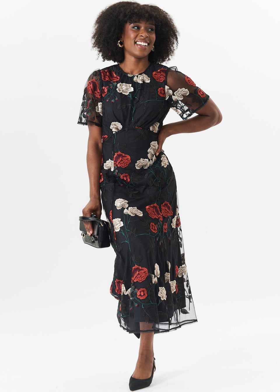 Gini London Black Angel Sleeves Embroidered Occasion Midi Dress Matalan