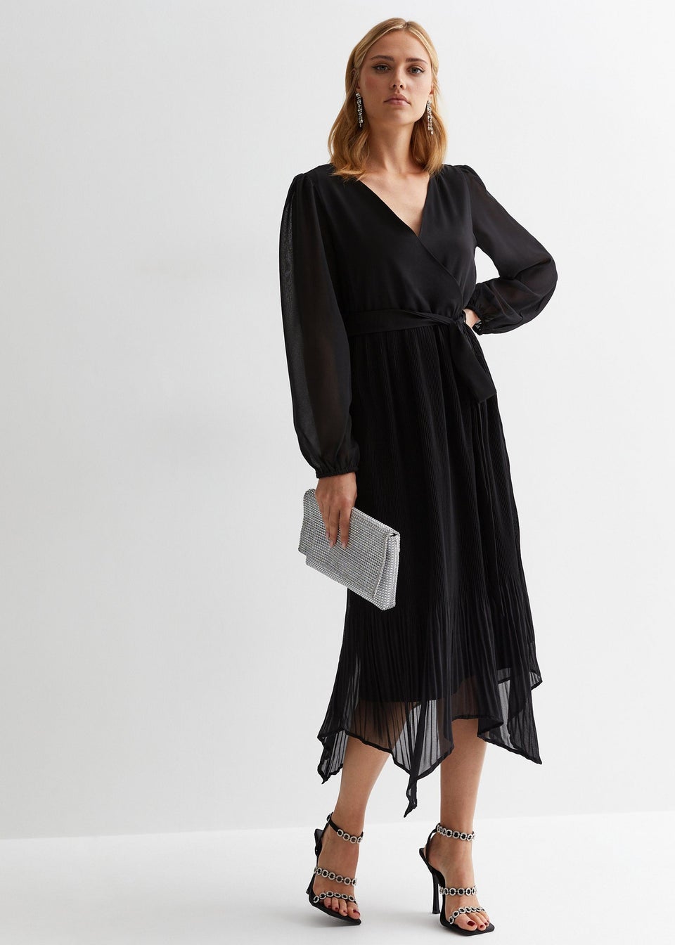 Gini London Black Pleated Hanky Hem Wrap Midi Dress