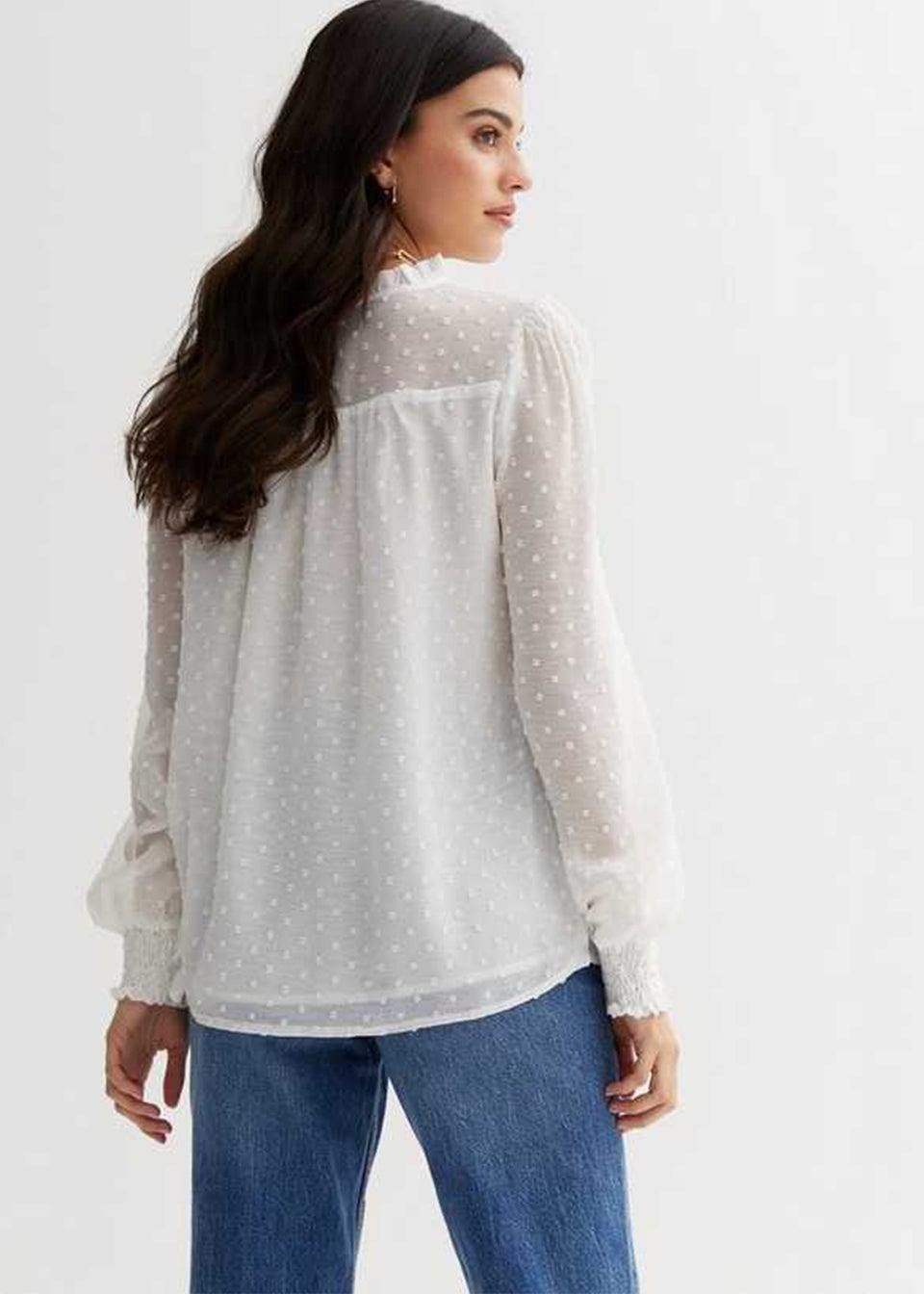 Gini London White Dobby Chiffon Frill Neck Blouse