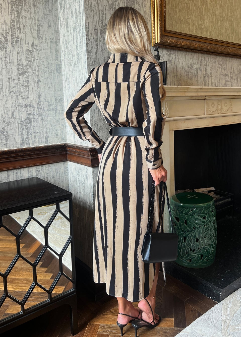 AX Paris Beige Striped Print Button Front Belted Shirt Midi Dress Matalan