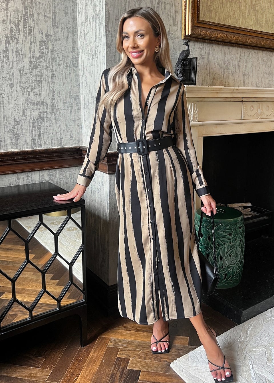 AX Paris Beige Striped Print Button Front Belted Shirt Midi Dress Matalan