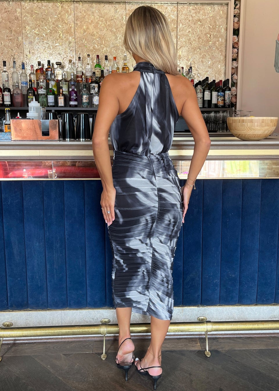AX Paris Black And White Marble Print Halter Neck Ruched Mesh Midi Dress Matalan