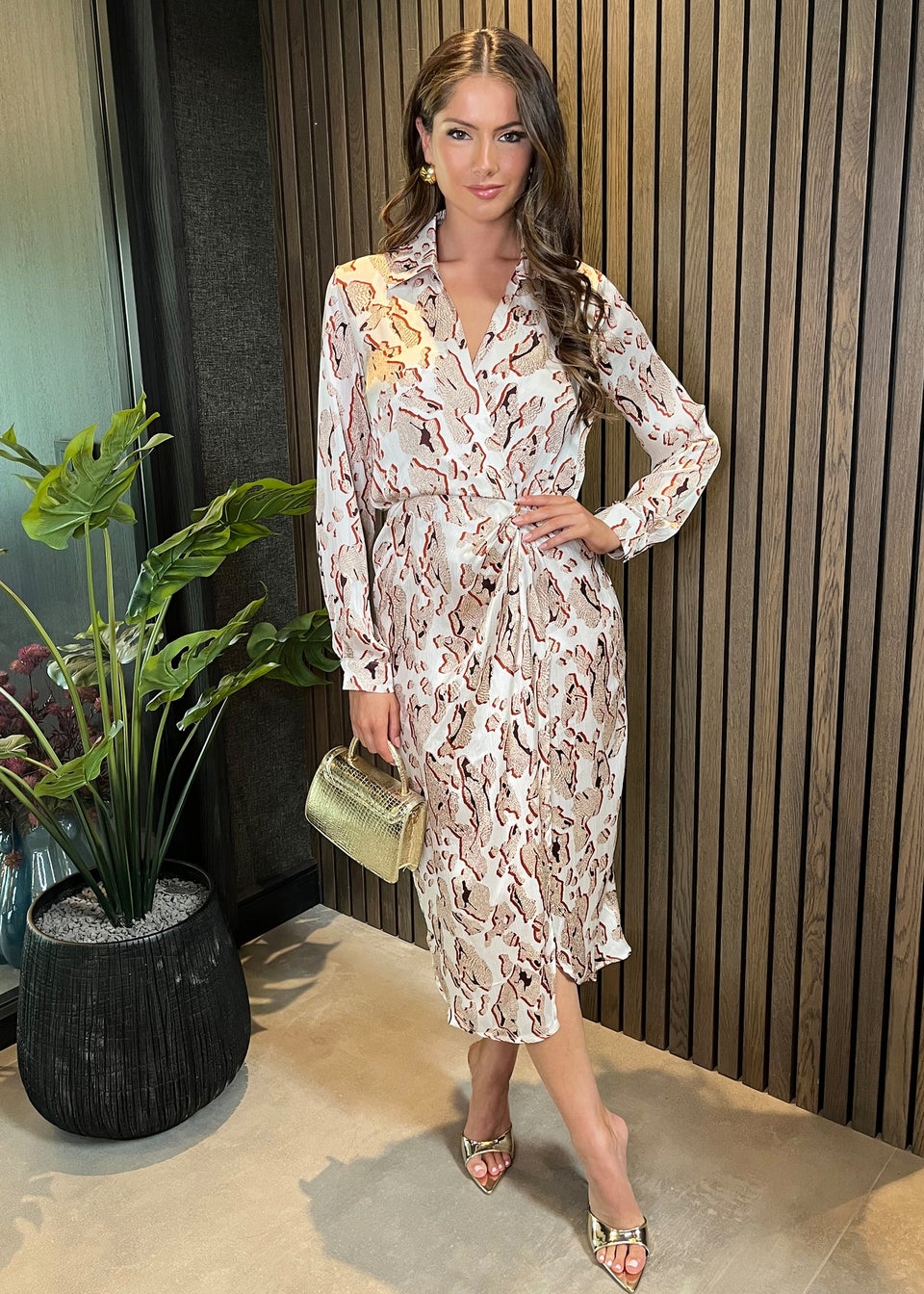 AX Paris Cream Printed Collared Neck Wrap Midi Dress Matalan