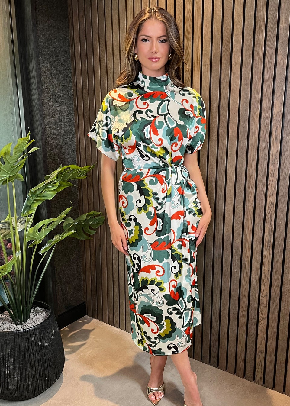 AX Paris Green Abstract Print High Neck Wrap Skirt Midi Dress