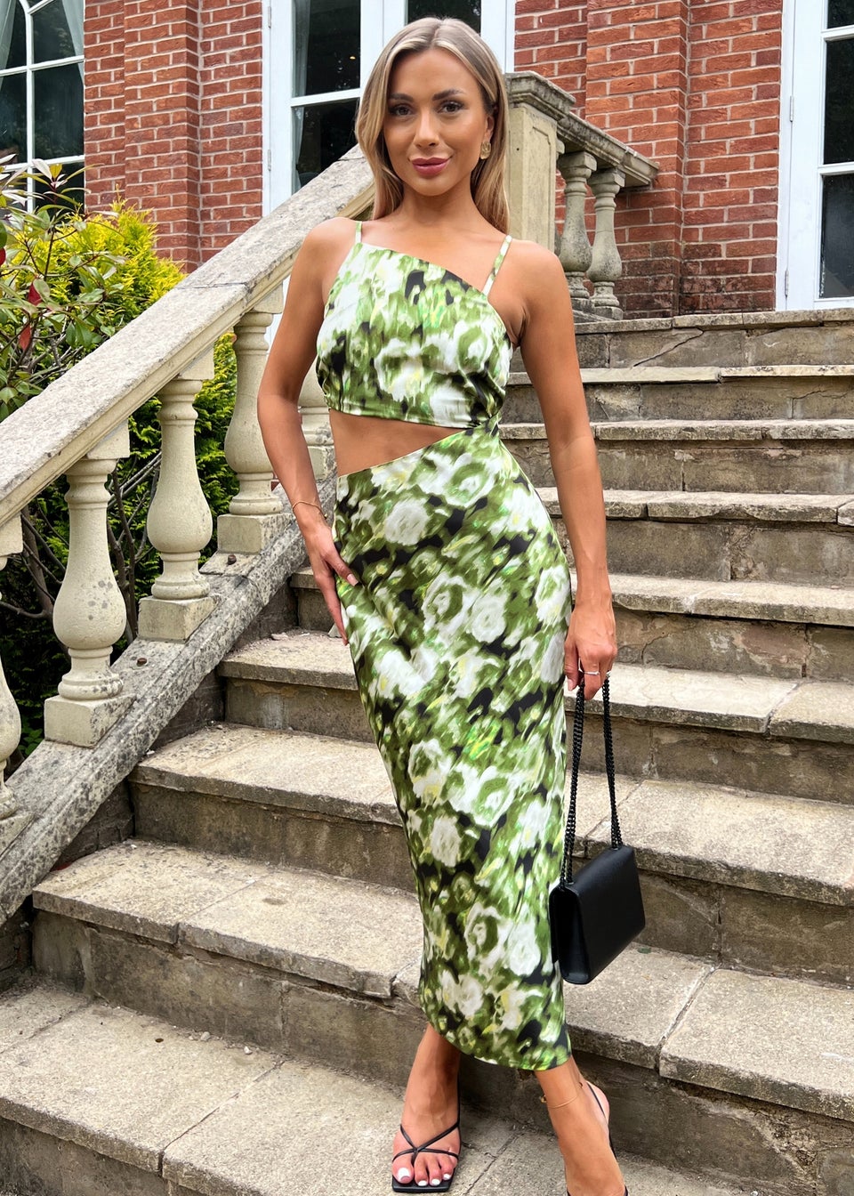 AX Paris Green Printed Asymmetric Cut Out Midi Dress