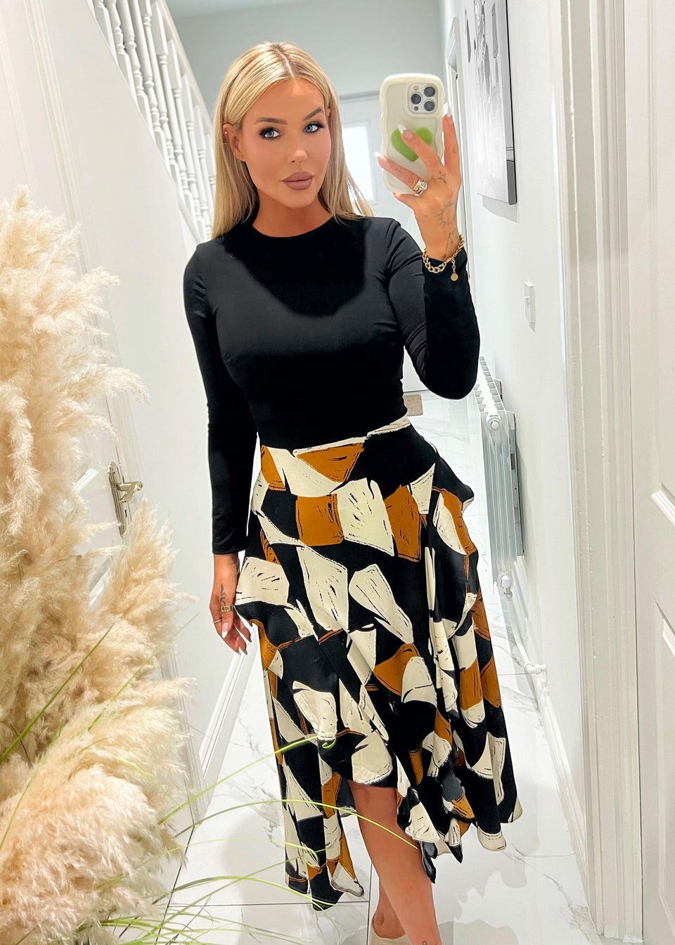 AX Paris Black Geometric Print 2 in 1 Long Sleeve Double Frill Split Midi Dress Matalan