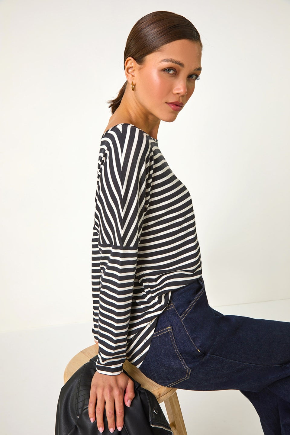 Roman Black Relaxed Stripe Print Long Sleeve Stretch Top