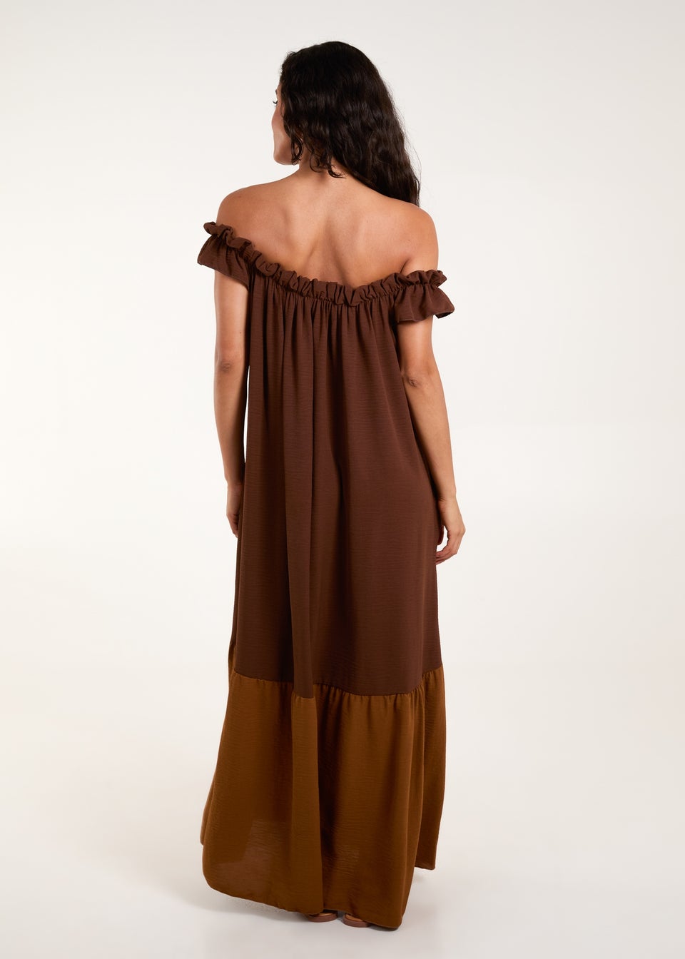 Blue Vanilla Brown Bardot Off Shoulder Maxi Dress