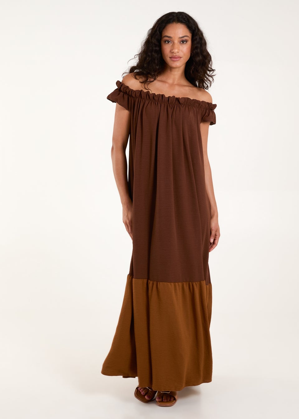 Blue Vanilla Brown Bardot Off Shoulder Maxi Dress