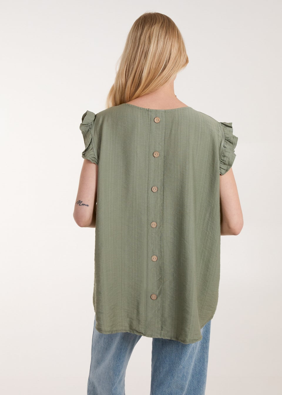 Blue Vanilla Khaki Button Back Frill Shoulder Top