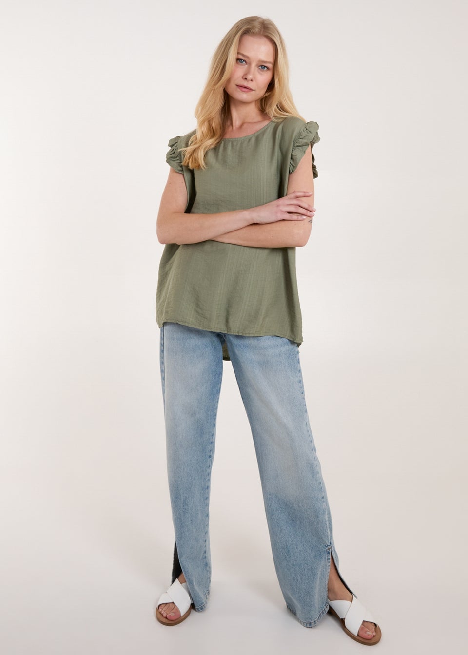Blue Vanilla Khaki Button Back Frill Shoulder Top