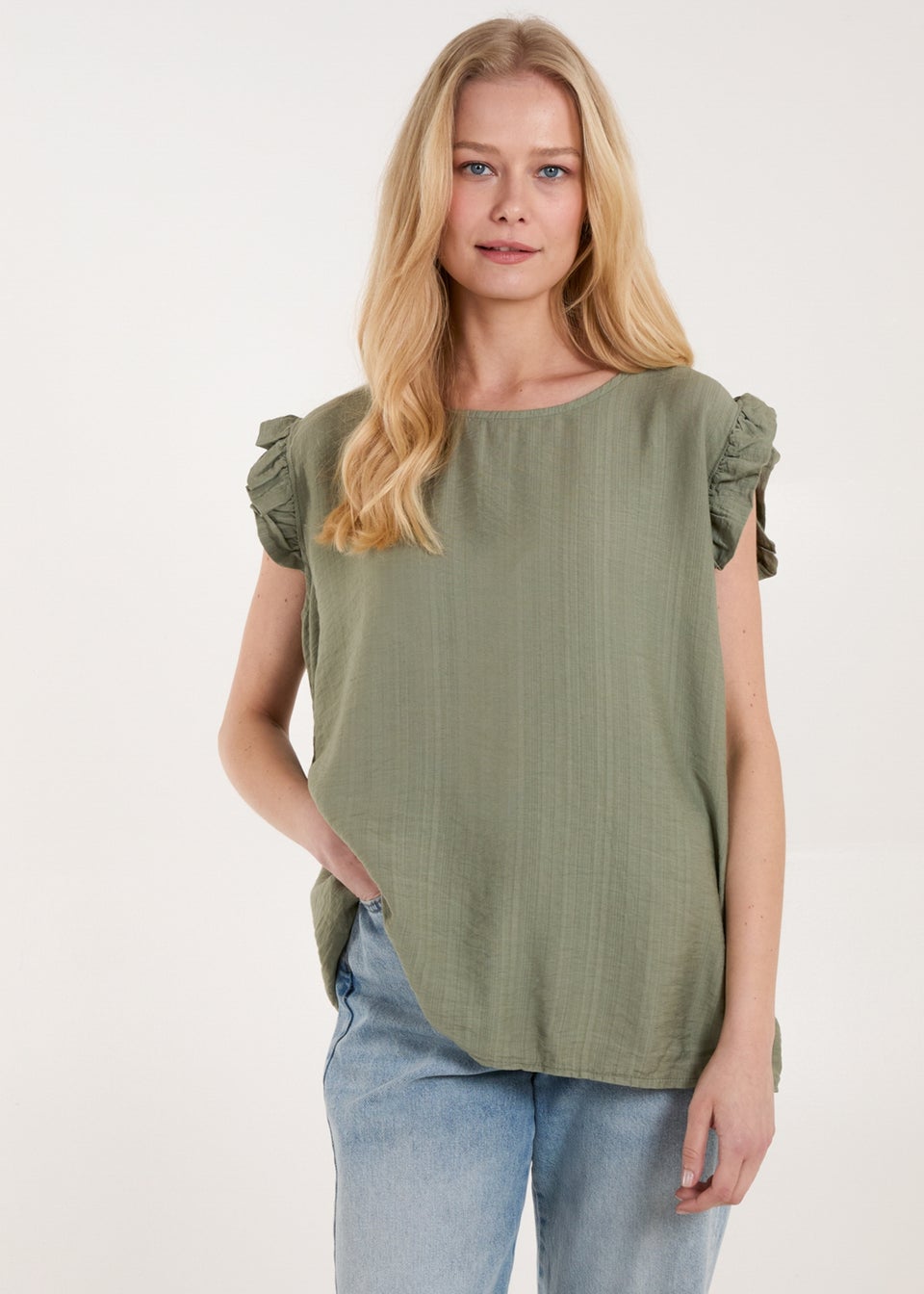 Blue Vanilla Khaki Button Back Frill Shoulder Top