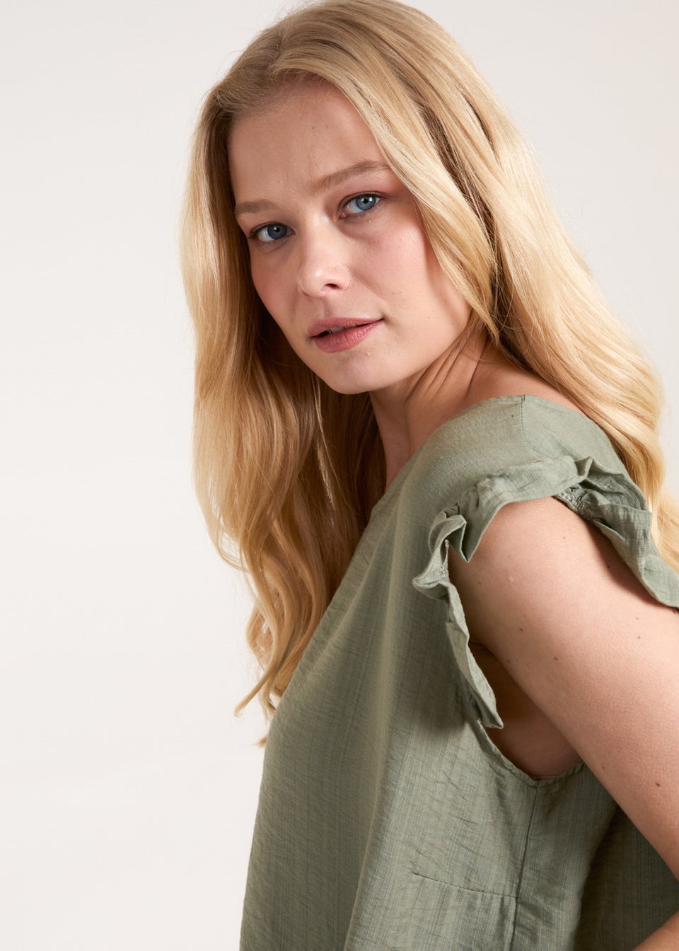 Blue Vanilla Khaki Button Back Frill Shoulder Top