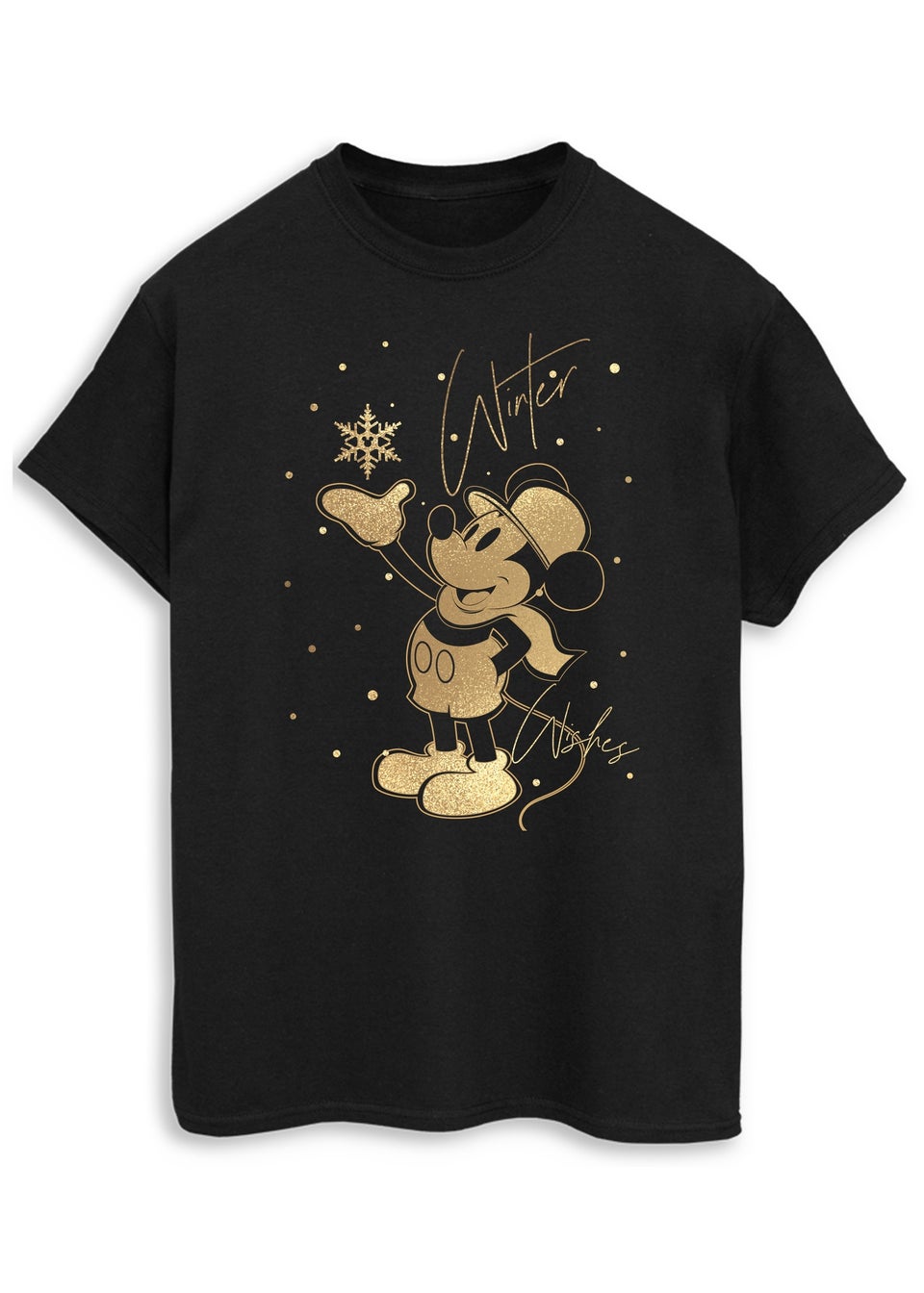 Disney Mickey Mouse Glitter Effect Golden Winter Wishes Men Black T-Shirt