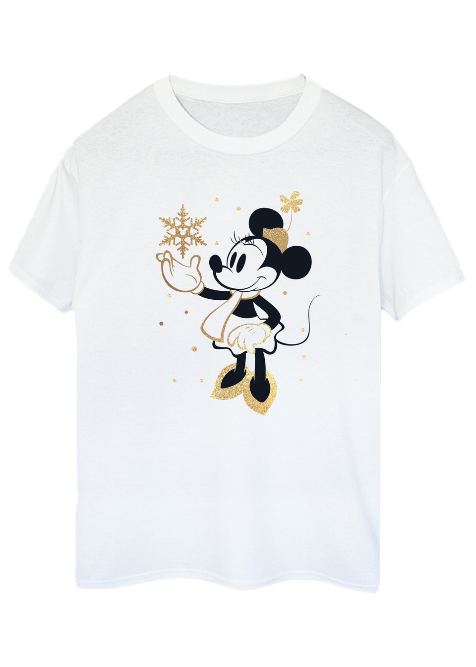 Disney Minnie Mouse Christmas Golden Snow Women White Boyfriend Fit T-Shirt