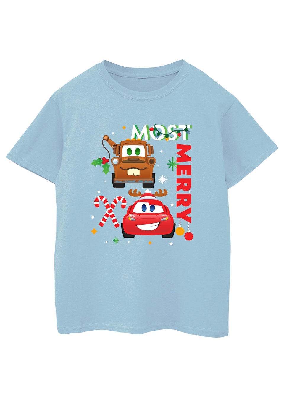 Disney Cars Christmas Most Merry Boys Baby Blue Graphic T-Shirt (3-13 Years)