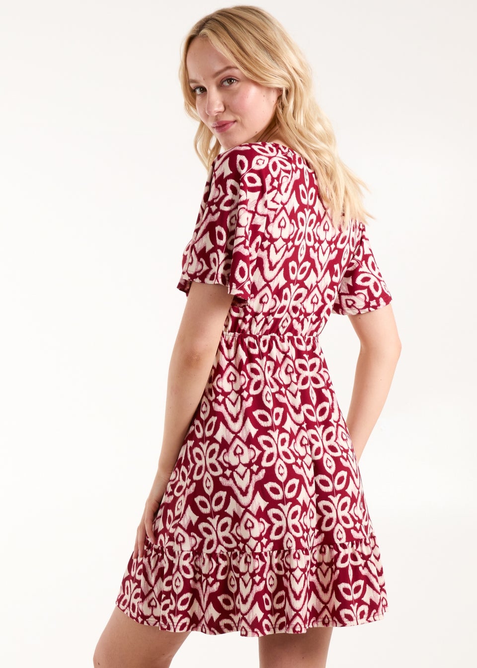 Blue Vanilla Burgundy Button Through Elastic Waist Mini Dress