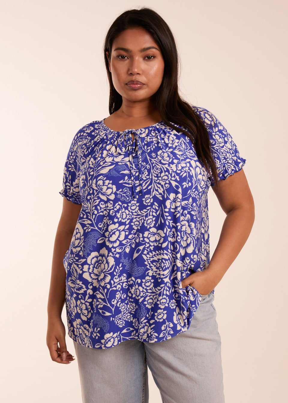 Blue Vanilla Blue Curve Shirred Sleeve Tie Front Top