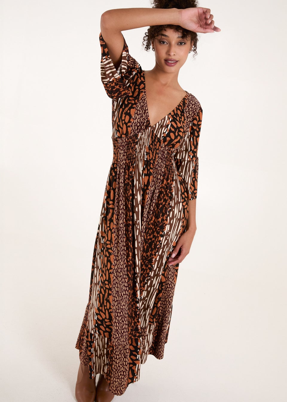 Blue Vanilla Patchwork Animal Shirred Waist Maxi Dress