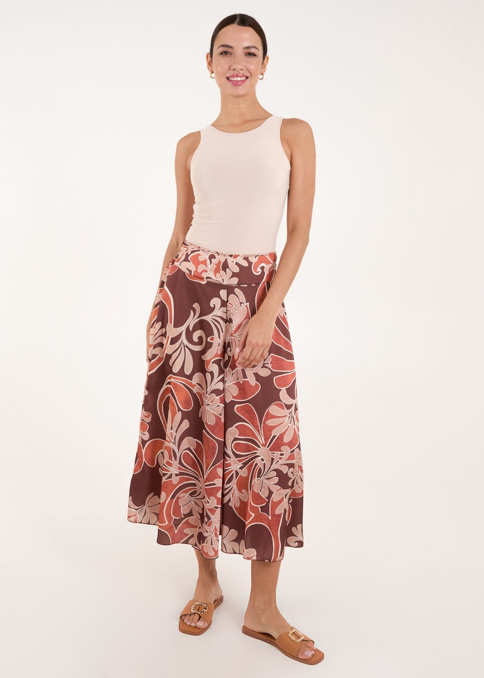 Blue Vanilla Brown Paisley Printed Satin Wide Leg Culotte Trousers