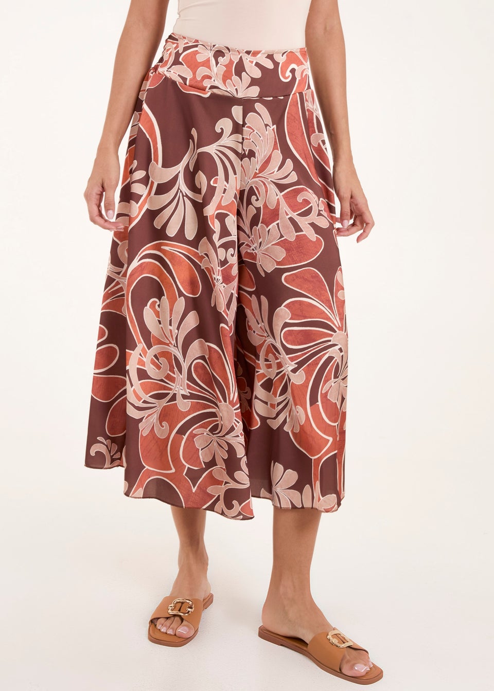 Blue Vanilla Brown Paisley Printed Satin Wide Leg Culotte Trousers
